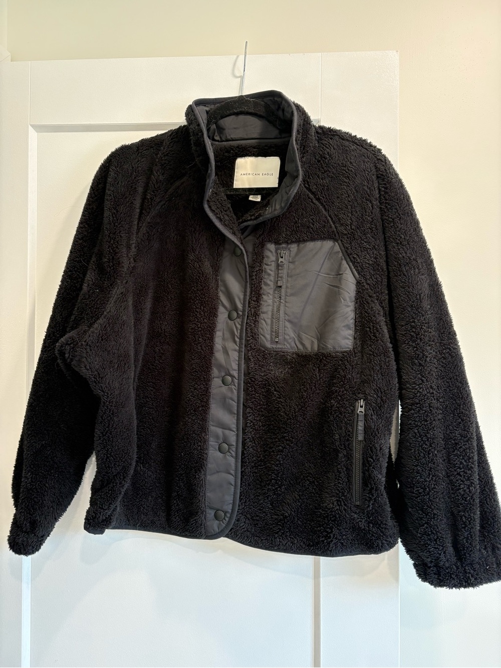 American Eagle Outfitters Black Fleece Jacket with Quilted Chest Pocket